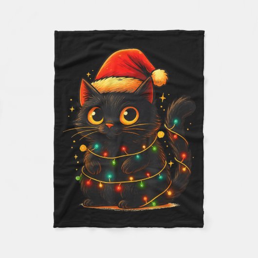 Couverture Polaire Cat Black Christmas Tree Lights Funny Santa Kitten (Devant)