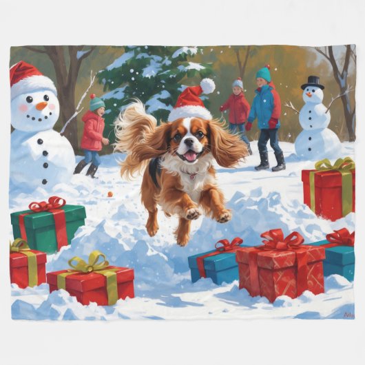 Couverture Polaire Cavalier King Charles Spaniel Neige avec Noël (Devant (Horizontal))