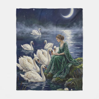 Couverture Polaire Celtic Swans Moonlit Lake Night Fantasy Art