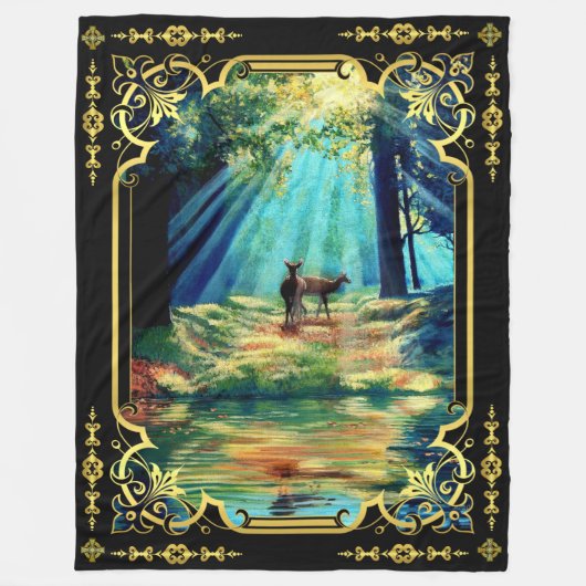 Couverture Polaire Cerf au soleil strie forêt et l'eau fleece bl (Devant)