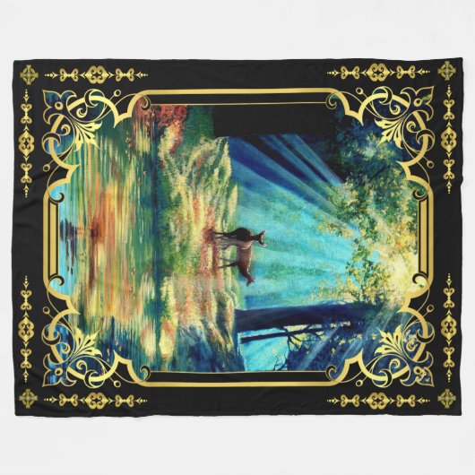 Couverture Polaire Cerf au soleil strie forêt et l'eau fleece bl (Devant (Horizontal))