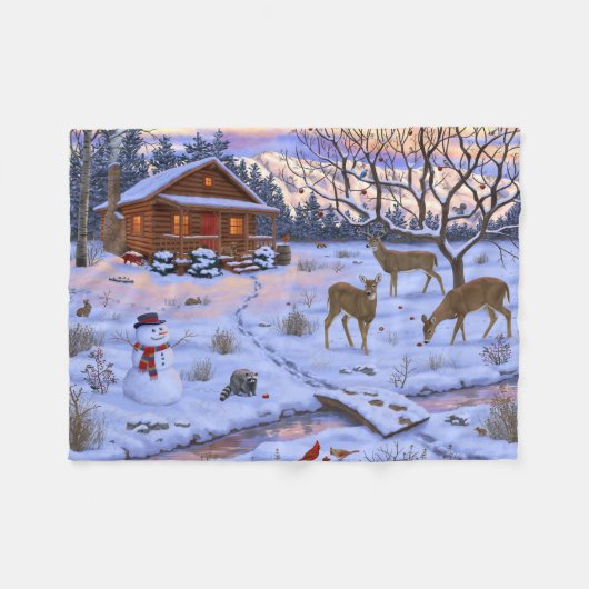 Couverture Polaire Cerf Cabine D'Hiver Dans La Scène De Noël De Neige (Devant (Horizontal))