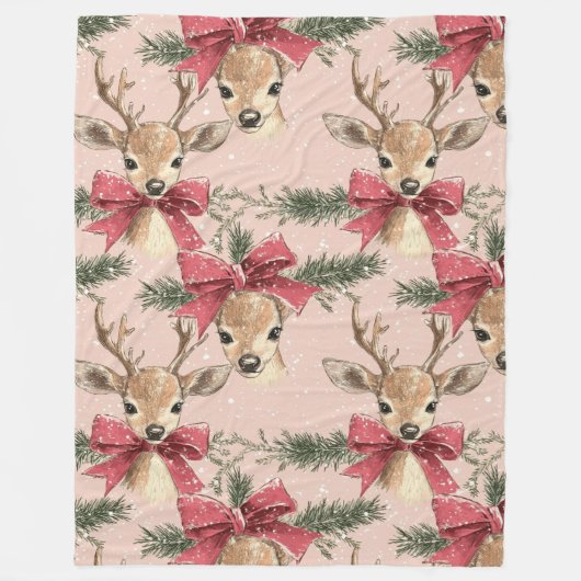Couverture Polaire Cerf mignon avec Bow rouge | Noël rose (Devant)