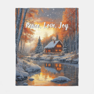 Couverture Polaire Chalet de Noël en rondins de bois au bord d'une ri