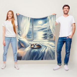 Couverture Polaire Chambre côtière au clair de lune avec chat endormi