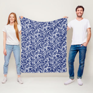 Couverture Polaire Chardon Damassé Bleu Nuit sur Fond Blanc de Willia