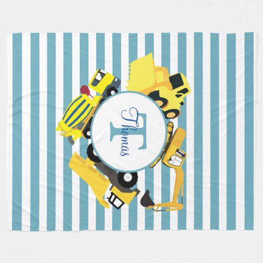 Couverture Polaire Chariots de construction Bleu rayures Monogramme (Devant (Horizontal))