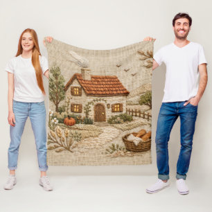 Couverture Polaire Charmant Cottage de Campagne – Style Broderie Rust