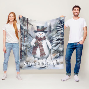 Couverture Polaire Charmant Snowman Aquarelle Forêt d'hiver
