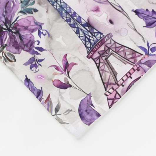 Couverture Polaire Charme parisien Violet Tour Eiffel et Floral (Coin)