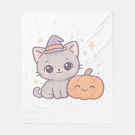 Couverture Polaire Chat avec sorcière Casquette et Citrouille sourian (Devant)