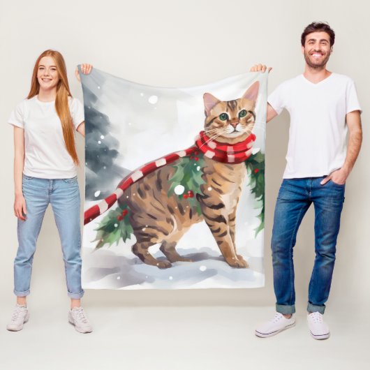 Couverture Polaire Chat Bengal dans Noël enneigé (En situation)
