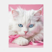 Couverture Polaire Chat blanc avec rubans roses (Devant)