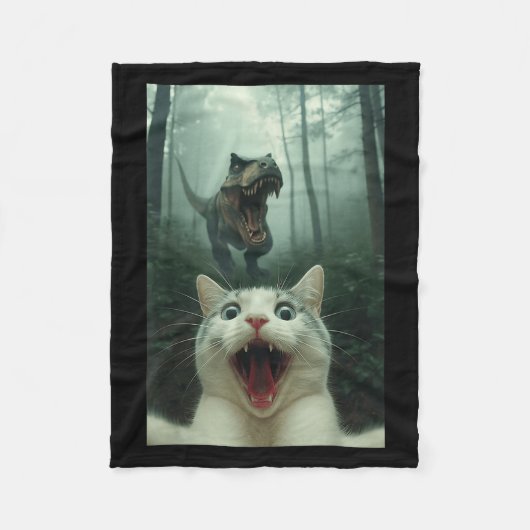 Couverture Polaire Chat blanc drôle selfie avec T-rex dinosaure, chat (Devant)
