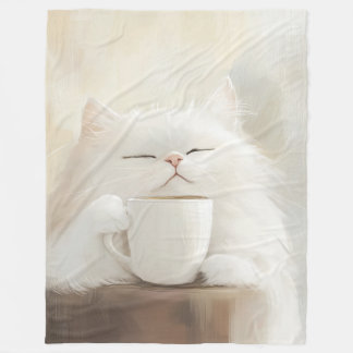 Couverture Polaire Chat blanc Fluffy Boire Café - Cosy Whimsical