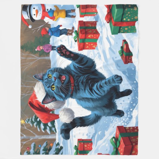 Couverture Polaire Chat bleu russe à la neige avec Casquette de Noël (Devant)