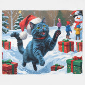 Couverture Polaire Chat bleu russe à la neige avec Casquette de Noël (Devant (Horizontal))
