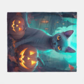 Couverture Polaire Chat bleu russe d'Halloween avec la peur Citrouill (Devant (Horizontal))