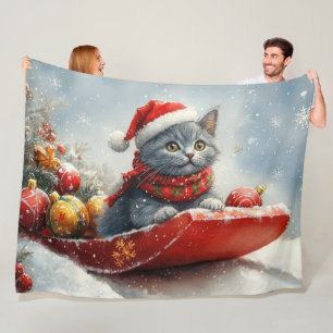 Couverture Polaire Chat Bleu Russe en Luge Laissez Tomber la Neige No
