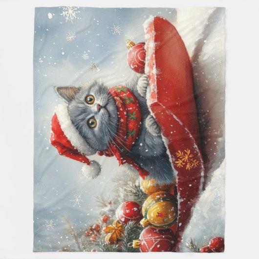 Couverture Polaire Chat bleu russe en sangle laissez-le neiger Noël (Devant)