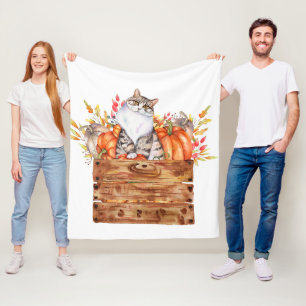 Couverture Polaire Chat d'automne et citrouilles dans une boîte
