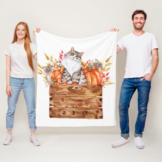 Couverture Polaire Chat d'automne et citrouilles dans une boîte (En situation)