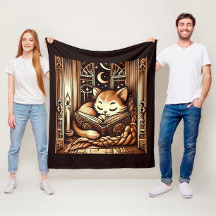 Couverture Polaire Chat de style Art Déco endormi avec un livre