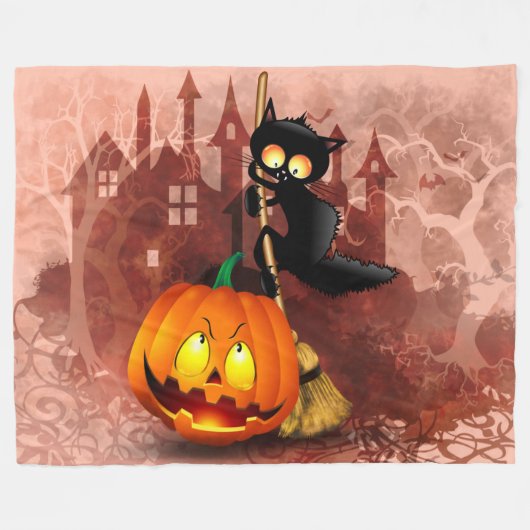Couverture Polaire Chat effrayé par Citrouille Fun Halloween caractèr (Devant (Horizontal))
