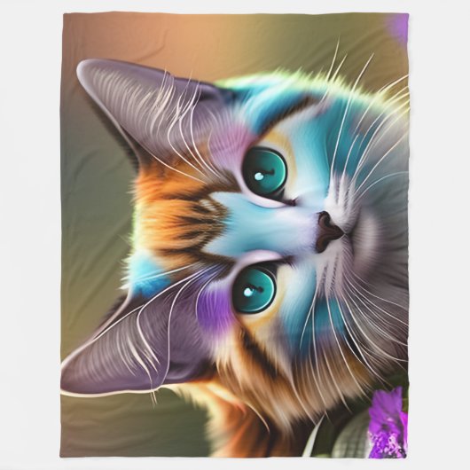 Couverture Polaire chat et fleurs bleu et rouille calico (Devant)