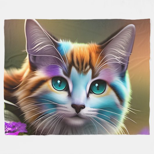 Couverture Polaire chat et fleurs bleu et rouille calico (Devant (Horizontal))