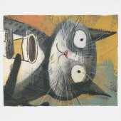 Couverture Polaire Chat gris avec café sur fond ocre (Devant (Horizontal))