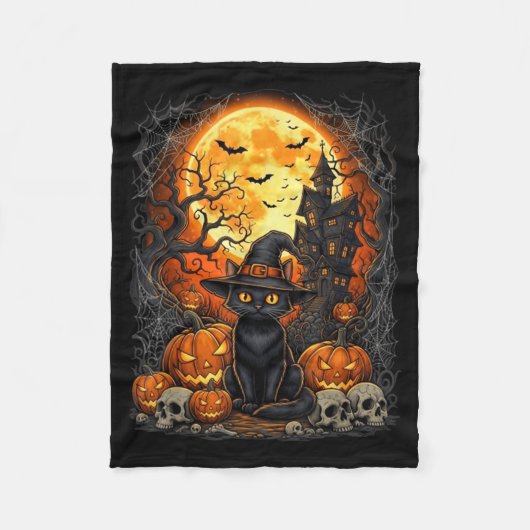 Couverture Polaire Chat Halloween Citrouille Noir (Devant)