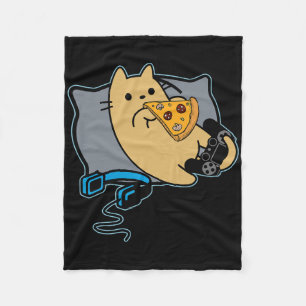 Couverture Polaire Chat joueur de jeux vidéo mangeur de pizza ringard