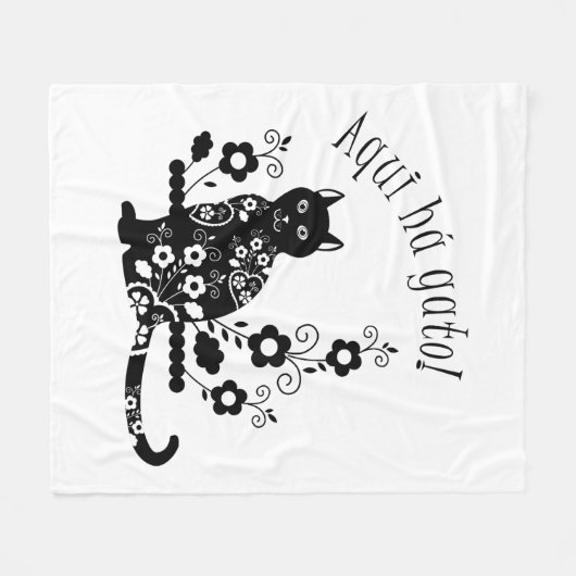 Couverture Polaire Chat noir avec fleurs et expression portugaise (Devant (Horizontal))