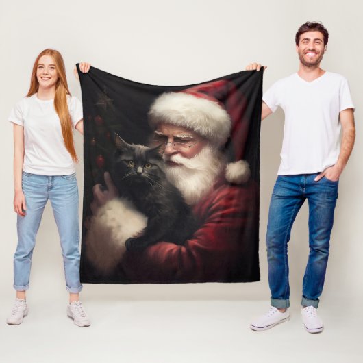 Couverture Polaire Chat noir avec Noël Festif du Père Noël (En situation)