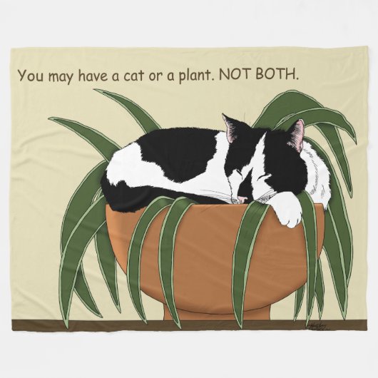 Couverture Polaire Chat noir blanc Plante drôle (Devant (Horizontal))