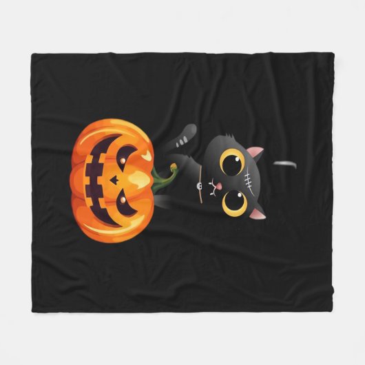 Couverture Polaire Chat noir Halloween Design - Art Citrouille Éffray (Devant (Horizontal))