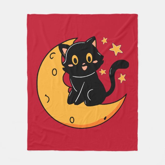 Couverture Polaire Chat noir mignon assis sur la lune (Devant)