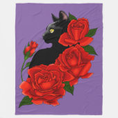 Couverture Polaire Chat noir Roses rouges pourpres (Devant)