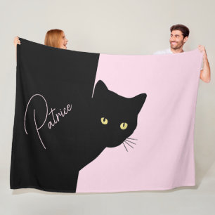 Couverture Polaire Chat noir rusé rose