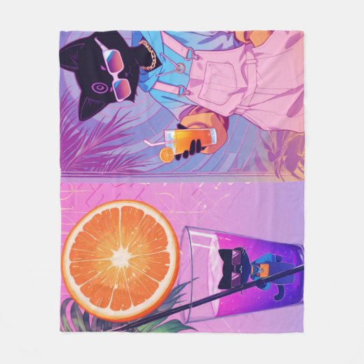 Couverture Polaire Chat noir Vaporwave (Devant)