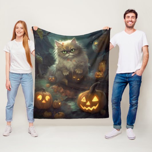 Couverture Polaire Chat perse d'Halloween avec effroi Citrouille (En situation)