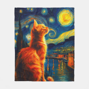 Couverture Polaire Chat roux contemplatif Ciel nocturne étoilé