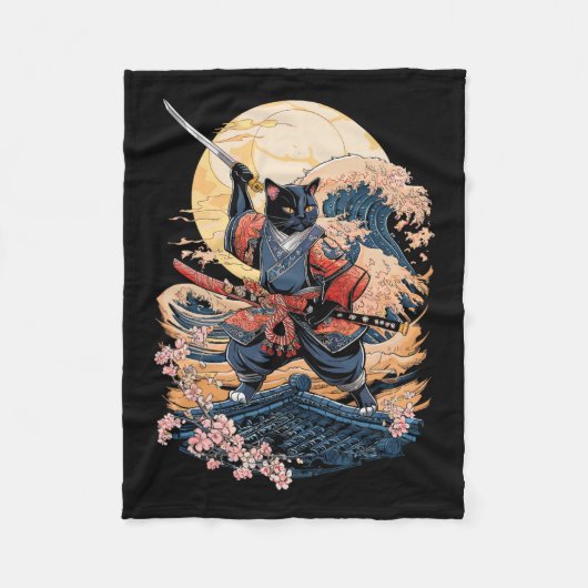 Couverture Polaire Chat Samurai Chat japonais Anime Ninja (Devant)