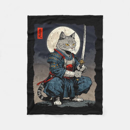 Couverture Polaire Chat Samurai Japonais Retro Chat Fighter Moon Ukiy (Devant)