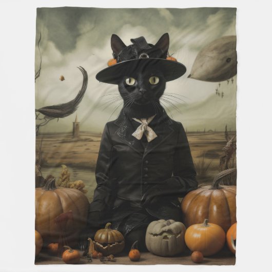 Couverture Polaire Chat Sorcière avec Citrouilles (Devant)