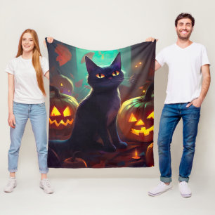 Couverture Polaire Chat Tuxedo d'Halloween avec citrouilles effrayant