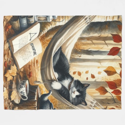 Couverture Polaire Chat Tuxedo noir et blanc Dreaming of Adventure (Devant (Horizontal))