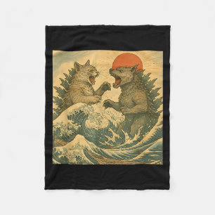 Couverture Polaire Chat Vs Chien Kaiju Monstre Japonais Style Ukiyo-e