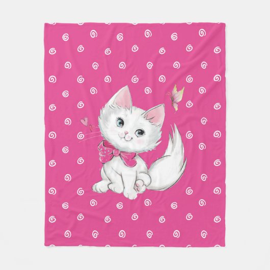 Couverture Polaire Chaton blanc mignon avec le papillon sur le rose (Devant)